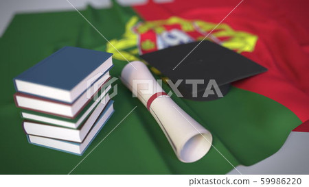Graduation cap, books and diploma on the Portuguese flag. Higher education in Portugal related conceptual 3D rendering Graduation cap, books and diploma on the Portuguese flag. Higher education in Portugal related conceptual 3D rendering 59986220