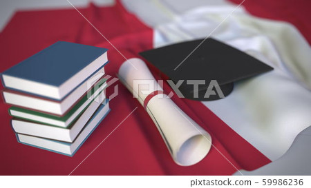 Graduation cap, books and diploma on the Peruvian flag. Higher education in Peru related conceptual 3D rendering 59986236