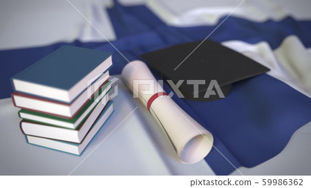 Graduation cap, books and diploma on the Finnish flag. Higher education in Finland related conceptual 3D rendering Graduation cap, books and diploma on the Finnish flag. Higher education in Finland related conceptual 3D rendering 59986362