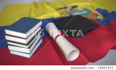 Graduation cap, books and diploma on the Ecuadorian flag. Higher education in Ecuador related conceptual 3D rendering 59987343