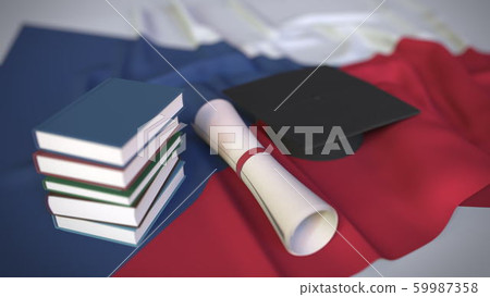 Graduation cap, books and diploma on the Czech flag. Higher education in the Czech Republic related conceptual 3D rendering 59987358