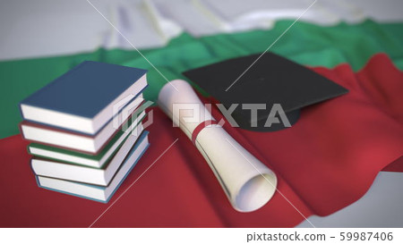 Graduation cap, books and diploma on the Bulgarian flag. Higher education in Bulgaria related conceptual 3D rendering Graduation cap, books and diploma on the Bulgarian flag. Higher education in Bulgaria related conceptual 3D rendering 59987406
