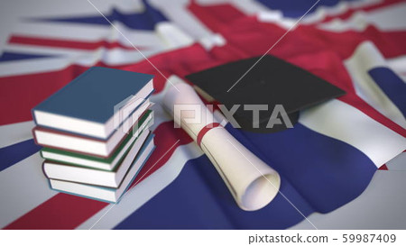 Graduation cap, books and diploma on the British flag. Higher education in the United Kingdom related conceptual 3D rendering Graduation cap, books and diploma on the British flag. Higher education in the United Kingdom related conceptual 3D rendering 59987409