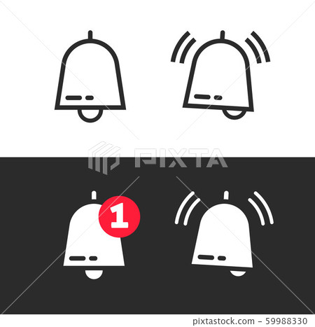 Bell line outline art icon or doorbell flat cartoon alarm symbol with alert notification as incoming message vector illustration, modern jingle ui element design isolated 59988330