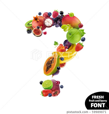 Question mark made of different fruits and berries, fruit font isolated on white background Question mark made of different fruits and berries, fruit font isolated on white background 59989871