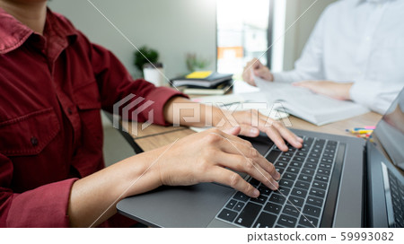 Teaching helping technology concept. Woman young 59993082