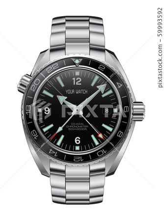 Realistic watch clock chronograph stainless steel black design luxury fashion object for men on white background vector illustration. Realistic watch clock chronograph stainless steel black design luxury fashion object for men on white background vector illustration. 59993592