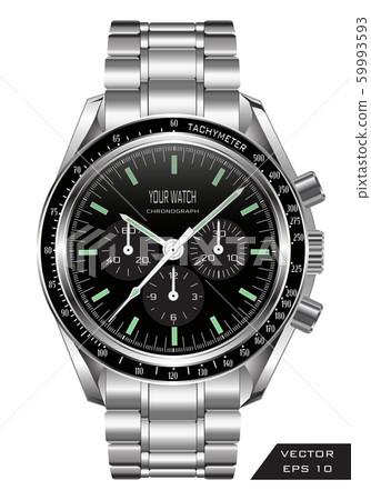 Realistic watch clock chronograph stainless steel black design luxury fashion object for men on white background vector illustration. Realistic watch clock chronograph stainless steel black design luxury fashion object for men on white background vector illustration. 59993593