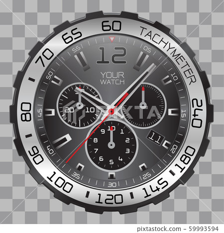 Realistic watch clock chronograph face stainless steel dial black on checkered pattern background vector illustration. 59993594