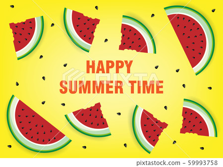 Summer time vector text and watermelon with black seeds yellow background. Vector illustration. Summer time vector text and watermelon with black seeds yellow background. Vector illustration. 59993758