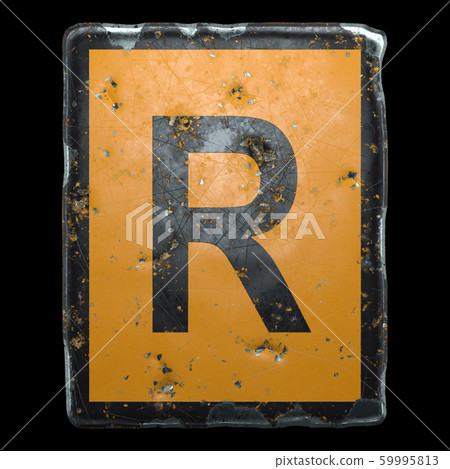 Public road sign orange and black color with a capital letter R in the center isolated on black background. 3d 59995813