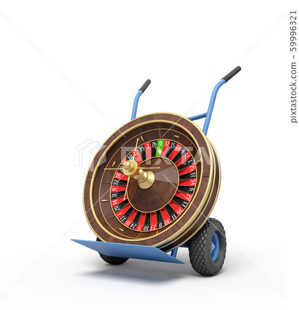 3d rendering of navy blue hand truck standing upright with casino roulette wheel on it. 59996321