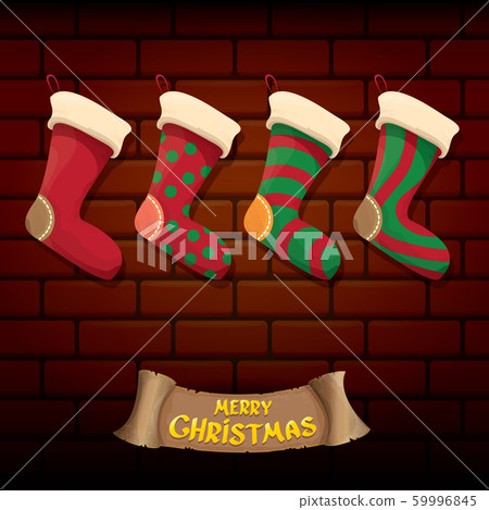 vector cartoon cute christmas stocking or socks with color ornament isolated on brick wall background. Merry Christmas vector greeting card or background with calligraphic text on old vintage wall vector cartoon cute christmas stocking or socks with color ornament isolated on brick wall background. Merry Christmas vector greeting card or background with calligraphic text on old vintage wall 59996845