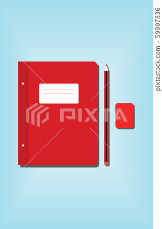 Notebook, pencil and eraser on blue background Notebook, pencil and eraser on blue background 59997836