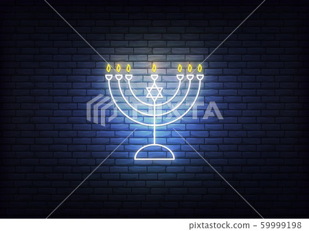 Jewish Hanukkah Menorah neon sign. Glowing decoration for Chanukkah holiday 59999198