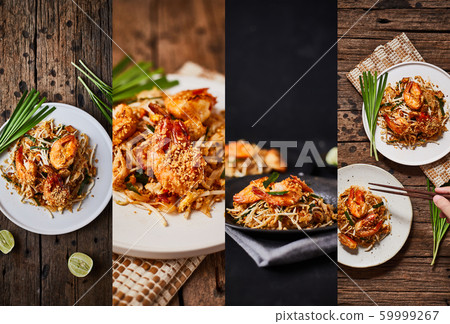 Collage of Padthai noodles with shrimps Collage of Padthai noodles with shrimps 59999267