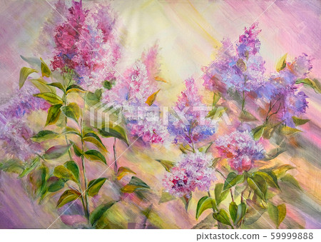 Thickets of lilac bush at sunrise. Oil painting 59999888
