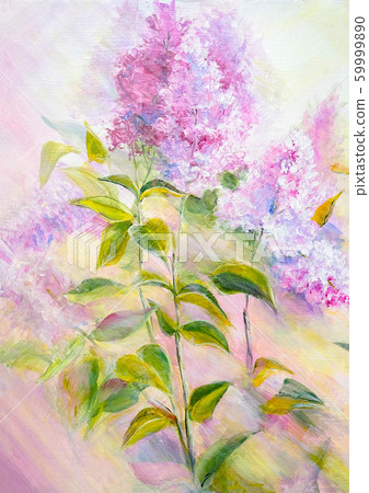 Thickets of lilac bush at sunrise. Oil painting Thickets of lilac bush at sunrise. Oil painting 59999890