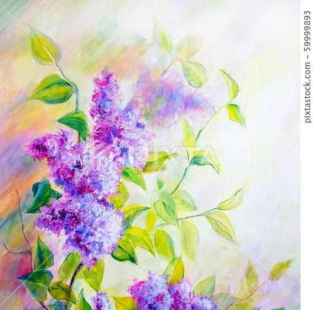 Thickets of lilac bush at sunrise. Oil painting 59999893