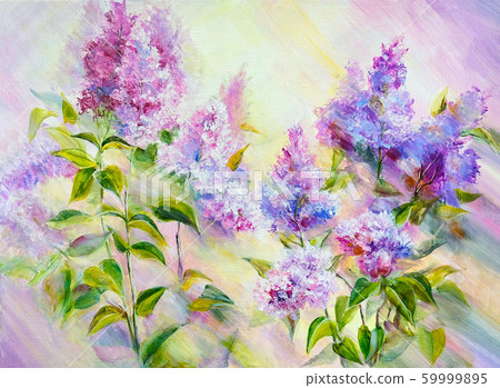 Thickets of lilac bush at sunrise. Oil painting 59999895