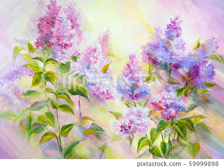 Thickets of lilac bush at sunrise. Oil painting Thickets of lilac bush at sunrise. Oil painting 59999898