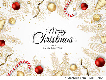 Christmas greeting card with Christmas Tree Decorations, Pine Branches, snowflake and confetti. 60000964