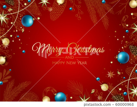 Christmas greeting card with Christmas Tree Decorations, Pine Branches, snowflake and confetti. 60000968