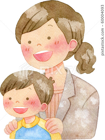 水彩插圖：一名身穿西裝的婦女將手放在孩子的肩膀上（老師，母親） 60004093