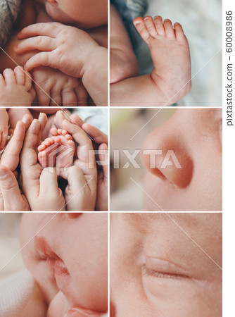 collage of photos: face, legs, hands of a child close-up. concept of childhood, health care, IVF, hygiene, ENT 60008986
