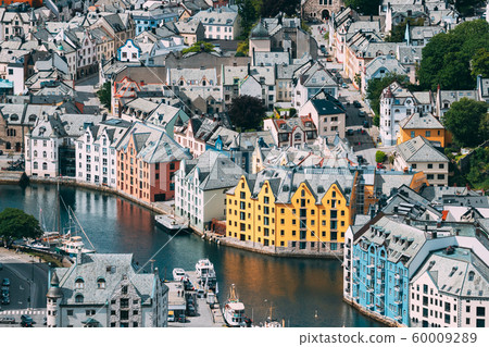 Alesund, Norway. View Of Alesund Skyline Cityscape. Historical Center In Summer Sunny Day. Famous Norwegian Landmark And Popular Destination. Alesund, Kiven viewpoint, Mt 60009289