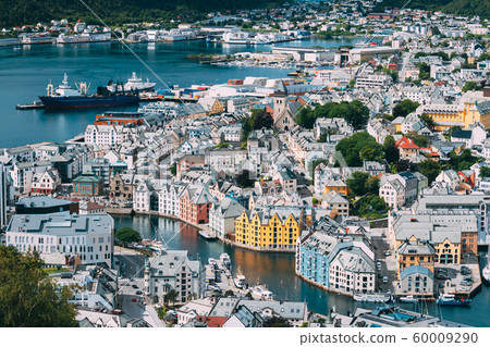 Alesund, Norway. View Of Alesund Skyline Cityscape. Historical Center In Summer Sunny Day. Famous Norwegian Landmark And Popular Destination. Alesund, Kiven viewpoint, Mt 60009290