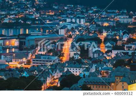 Alesund, Norway. Night View Of Residential Area In Alesund Skyline. Cityscape In Summer Evening 60009312
