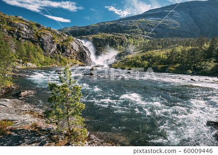 Kinsarvik, Hordaland, Norway. Waterfall Nykkjesoyfossen In Hardangervidda Mountain Plateau. Summer Sunny Day. Height Of 49 m. Famous Norwegian Landmark And Popular Destination Kinsarvik, Hordaland, Norway. Waterfall Nykkjesoyfossen In Hardangervidda Mountain Plateau. Summer Sunny Day. Height Of 49 m. Famous Norwegian Landmark And Popular Destination 60009446