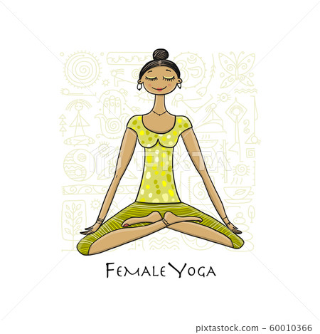 Young girl in lotus position. Padmasana women meditation. Sketch for your design Young girl in lotus position. Padmasana women meditation. Sketch for your design 60010366