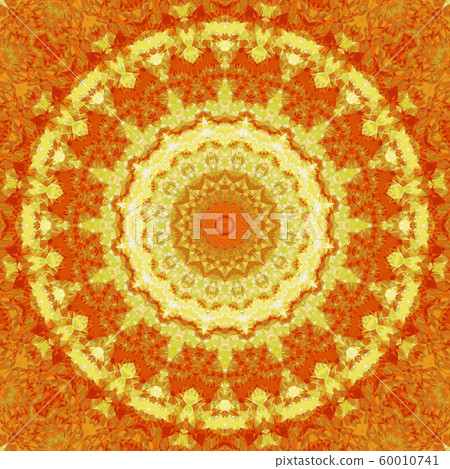 Kaleidoscopic geometric ornament in yellow and red tones. Decorative polygonal mosaic pattern. Mandala. Abstract background Kaleidoscopic geometric ornament in yellow and red tones. Decorative polygonal mosaic pattern. Mandala. Abstract background 60010741
