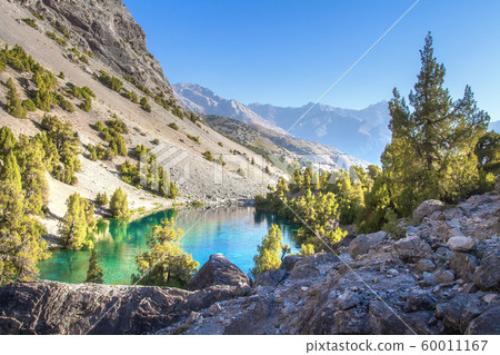 Beautiful view on mountain valley with blue lake 60011167