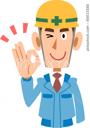 一個穿著藍色工作服的建築工地上的人顯示一個好的手勢 60015888