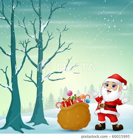 Santa claus with a sack of gifts walking on the snow 60015995