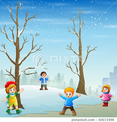 Happy Kids Playing Outdoors In Winter Landscape Stock Illustration