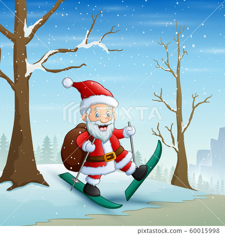Santa claus skiing on the snow with bag of gifts 60015998