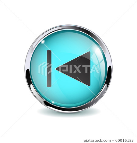 Web button Rewind. Blue glass 3d icon with metal frame 60016182