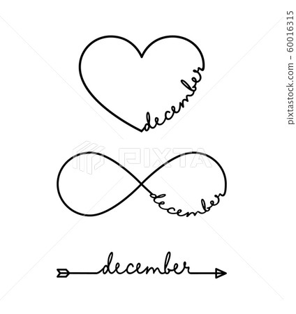 December - word with infinity symbol, hand drawn heart, one black arrow line. Minimalistic drawing of phrase illustration December - word with infinity symbol, hand drawn heart, one black arrow line. Minimalistic drawing of phrase illustration 60016315