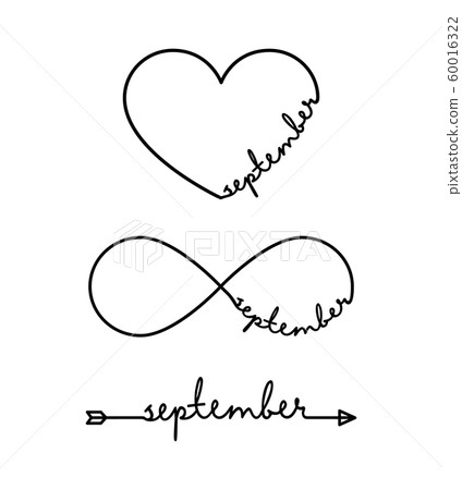 September - word with infinity symbol, hand drawn heart, one black arrow line. Minimalistic drawing of phrase illustration 60016322