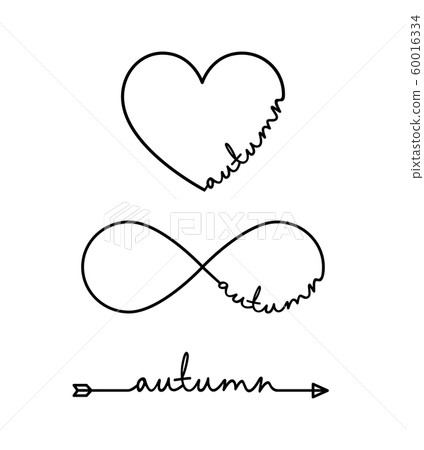 Autumn - word with infinity symbol, hand drawn heart, one black arrow line. Minimalistic drawing of phrase illustration Autumn - word with infinity symbol, hand drawn heart, one black arrow line. Minimalistic drawing of phrase illustration 60016334