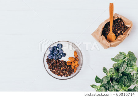 Bowl of homemade chocolate granola with greek 60016714