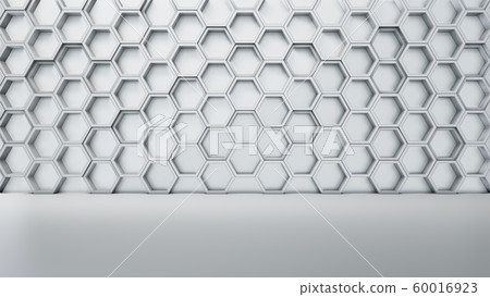 Empty white interior with hexagon shelves on the wall Empty white interior with hexagon shelves on the wall 60016923