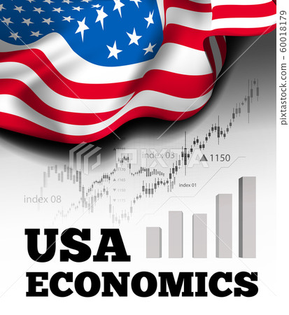 American economics vector illustration with flag of the USA and business chart, bar chart stock numbers bull market, uptrend line graph symbolizes the growth 60018179