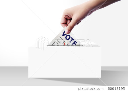 close up of hand holding voting paper for election vote into the ballot box on white background 60018195