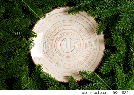 Top view of white plate surrounded with fir tree 60018244