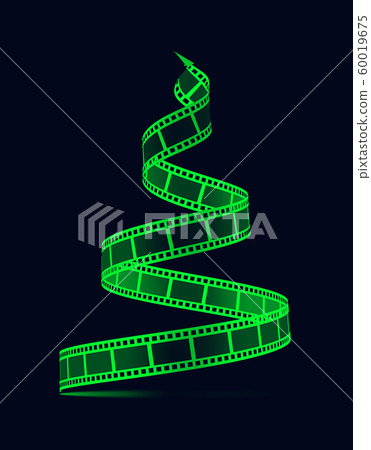 Film strip in the form of a Christmas tree. Film reel. Happy New Year for photographers, videographers, film production, etc. 3d illustration on black 60019675